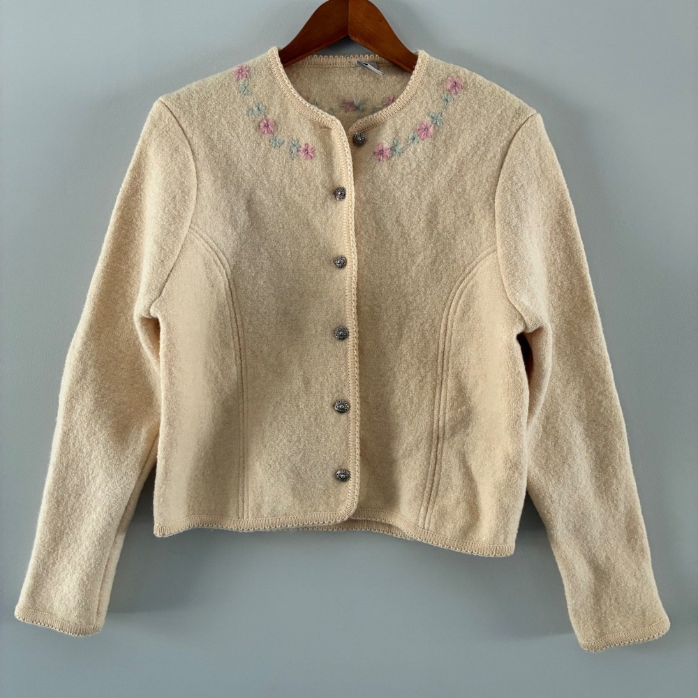 Vintage Cardigan Womens 11/12 Cream 100% Boiled Wool Floral Embroidered Button